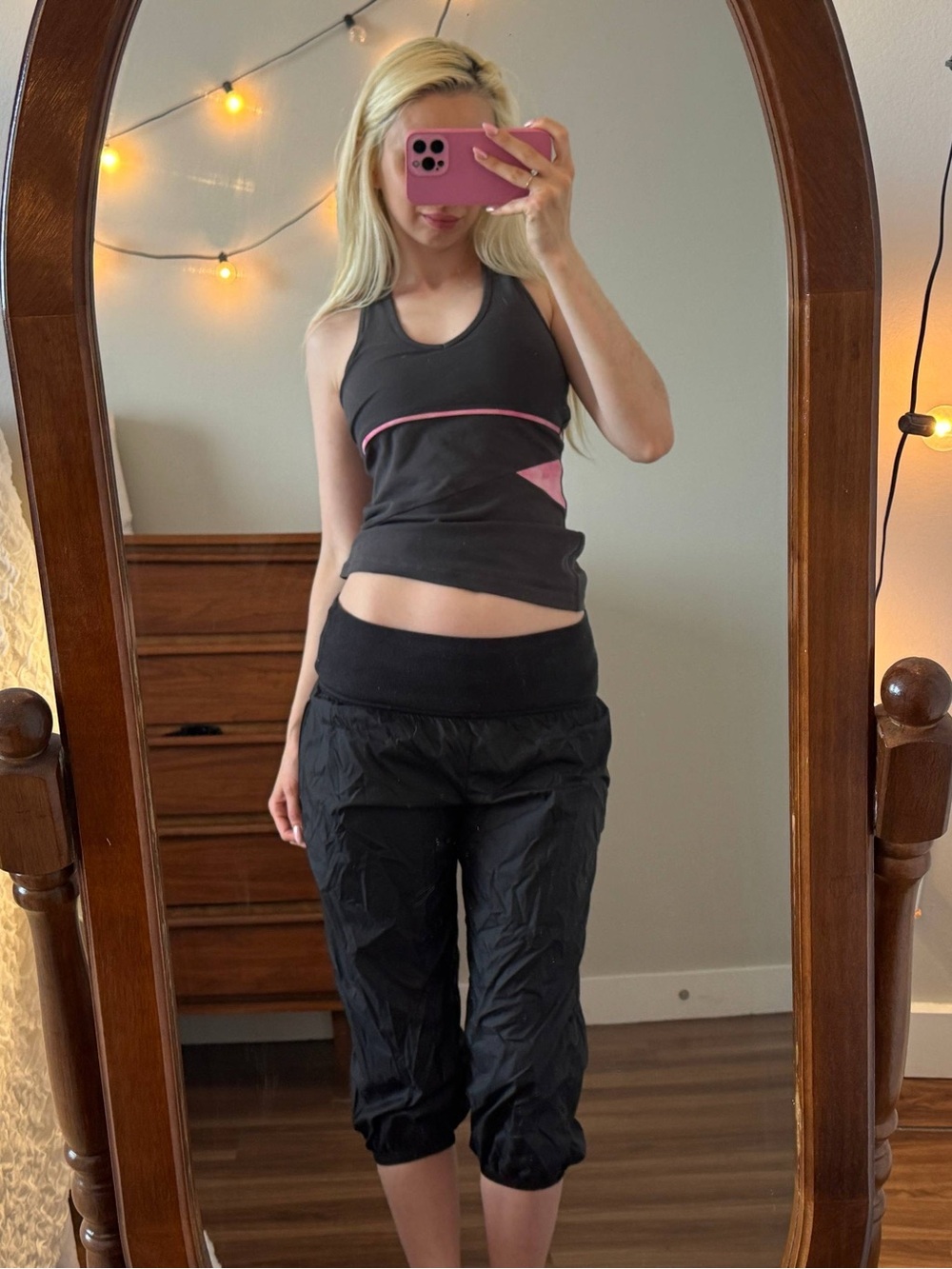 Y2K Yoga style Black Capri Joggers with Wide Waistband - Women's